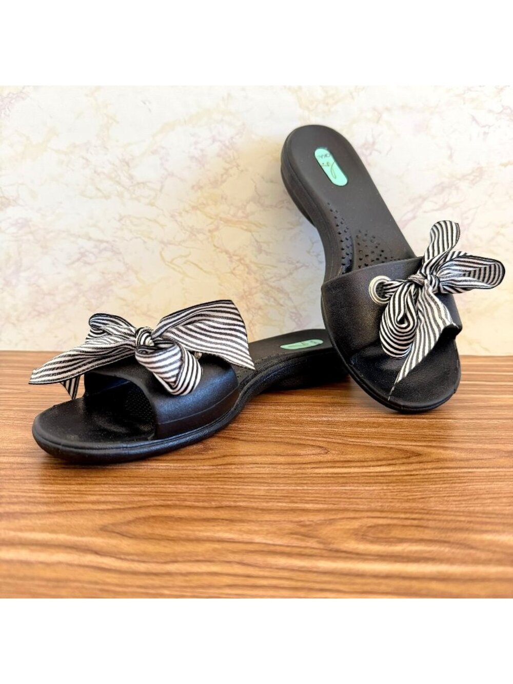 Okabashi Womens Black Slide Sandals Size S Striped Bow Slip On Casual Shoes